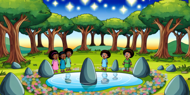 A whimsical forest scene featuring tall, ancient trees with vibrant wildflowers at their base. In the foreground, three children—two girls and a boy—are gathered around a sparkling pond that reflects a starry sky. Nearby, a circle of large, smooth stones stands in a glen, with soft, glowing light emanating from them. The atmosphere is magical and enchanting, with gentle rays of sunlight filtering through the leaves.