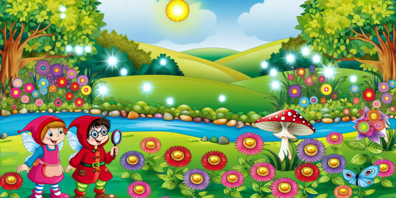 A whimsical garden filled with vibrant, colorful flowers, each flower representing a different name, with a sunny sky above. In the foreground, two children, a girl with a red scarf and a boy with glasses holding a magnifying glass, stand together looking curiously at a tiny, mischievous sprite with sparkling wings sitting on a mushroom. The background features rolling hills, a sparkling stream, and the edge of a magical forest.