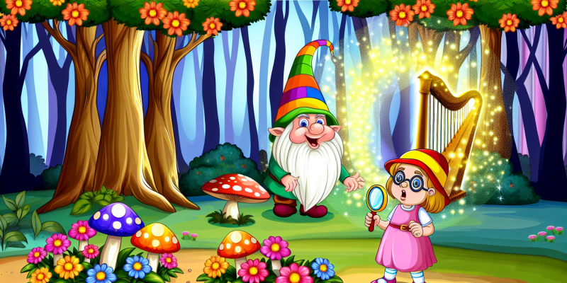 A whimsical forest scene in Giggleshire, featuring towering trees with colorful flowers, a glowing circle of mushrooms, and a cheerful gnome named Nixie Nibbles wearing a rainbow hat, with a curious girl named Pippa Twinkletoes holding a magnifying glass, surrounded by sparkling light and a soft mist. In the background, an ancient enchanted harp glows, emanating magical music.