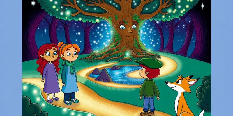 A vibrant, whimsical illustration of three friends—Penelope with red hair and freckles, Felix wearing a green cap, and Luna with a flowing blue scarf—standing at the edge of the enchanting Whispering Woods. The trees have expressive faces and seem to whisper, while a glowing path leads into the woods. In the background, a magical clearing with an ancient oak tree and a sparkling pond is visible, under a starry sky. A friendly fox watches them curiously.