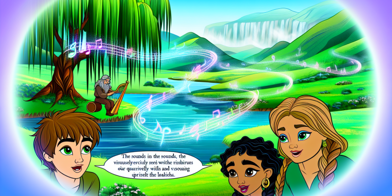 A whimsical illustration of a lush, vibrant valley with rolling hills and a sparkling river. In the foreground, a curious boy with tousled hair and a lively girl with braided pigtails stand by a shimmering pond, gazing at an old man with a long silver beard playing a sparkling harp. Surrounding them are majestic Weeping Willows with cascading branches, and the air is filled with musical notes and gentle whispers. The scene captures a sense of magic and adventure, with echoes visually represented as colorful