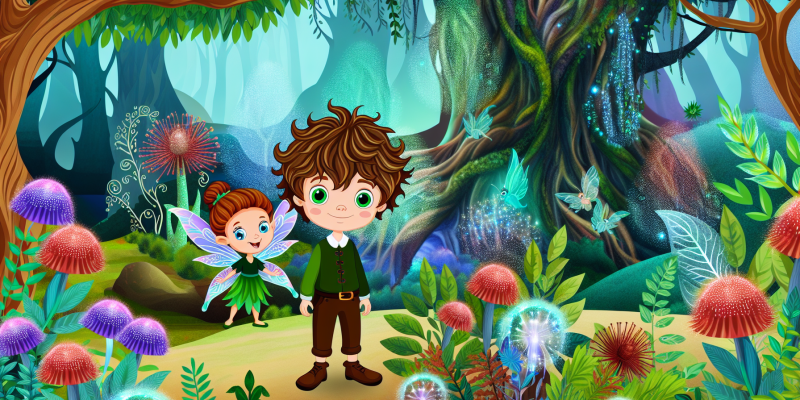 A whimsical forest scene featuring a curious boy with wild brown hair and sparkling green eyes, standing at the edge of the Whispering Woods. He is accompanied by a tiny fairy with sparkling wings, surrounded by vibrant flowers and playful animals. In the background, tall trees with shimmering leaves whisper softly, and a faint glow emanates from a magical crystal nestled among the roots. The atmosphere is enchanting and filled with a sense of adventure.