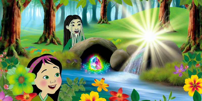 A whimsical illustration of a serene forest with a sparkling brook flowing through it, surrounded by lush green trees and colorful wildflowers. In the foreground, a young girl with long hair and a curious expression stands beside her adventurous friend, a boy with a playful grin. They are gazing in awe at a glowing, rainbow-colored stone nestled in a cave entrance, while a gentle river sprite with flowing hair and shimmering eyes watches them from the shadows, a soft melody emanating from the brook. Sunlight filters