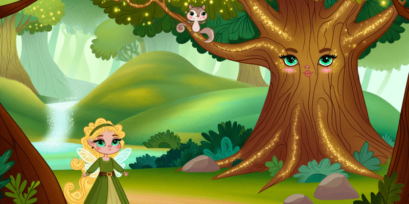 A whimsical forest scene featuring a golden-haired girl named Elara with sparkling eyes, standing beside a grand oak tree with shimmering leaves. A small, wise squirrel named Nutty sits on her shoulder, and in the background, a hidden glen with a sparkling stream and a mysterious mound covered in emerald moss. The atmosphere is magical, with soft sunlight filtering through the trees and a sense of adventure in the air.