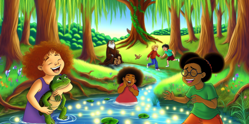 A whimsical illustration of a sunlit forest with ancient willow trees swaying gently in the breeze. In the foreground, three children — a girl with curly auburn hair, a boy with glasses, and a gentle girl with a pet turtle — are gathered around a sparkling brook. The scene captures the magical atmosphere of the Willow Whisper Woods, with soft, glowing lights beneath the tallest willow tree, hinting at a hidden treasure. In the background, a wise old owl perches on a branch, watching