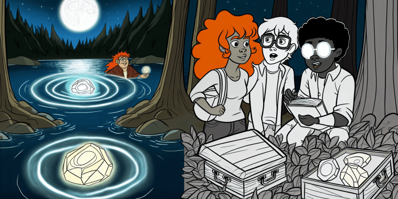 A serene night scene at Lumino Lake, illuminated by a glowing full moon. Three friends—Elara with fiery red hair, Finn with glasses and a notebook, and Mila with a sketchpad—are gathered by the water's edge. The lake shimmers with magical shapes like stars and spirals, reflecting the moonlight. In the foreground, a small, round glowing stone and an old, weathered treasure box are partially hidden among leaves. The surrounding trees are tall and majestic, creating a