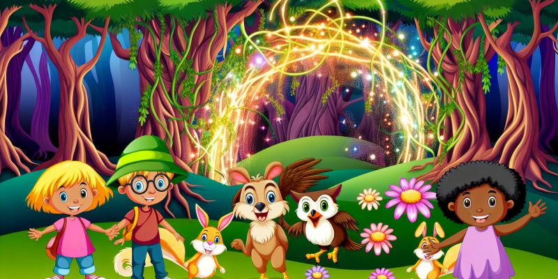 A vibrant, enchanted forest filled with tall, ancient trees, colorful singing flowers, and whimsical creatures like a wise owl, a clever squirrel, and a playful rabbit. In the foreground, two adventurous children, a boy with a curious expression and a girl with a bright smile, stand together in front of a shimmering, swirling portal surrounded by lush greenery and sparkling light.