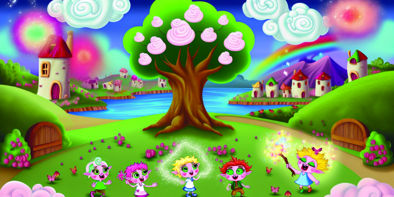 A whimsical scene of a vibrant village called Marshmallow Meadows, with fluffy marshmallow-like clouds in a bright blue sky. In the foreground, four children—Fizzle with pink hair and green eyes, Whirlin creating a gust of wind, Tilly singing with birds around her, and Sprock laughing as flowers bloom—stand together in front of a grand old oak tree. In the background, a sparkling creek with colorful water leads to a small island where a glowing Rainbow Gem rests, guarded