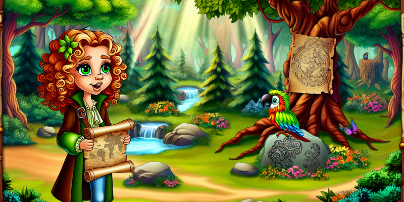 A whimsical illustration of a young girl with curly auburn hair and bright green eyes, standing in a magical forest filled with towering trees, sparkling streams, and colorful flowers. She holds an ancient, yellowed map in one hand, while a chatty parrot perches on her shoulder. In the background, a wise old owl watches from a branch, and a circle of stones with intricate carvings is visible near a majestic Whispering Willow. The scene is bathed in warm sunlight, creating a