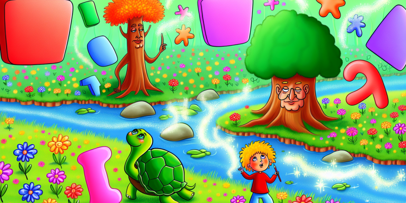 A whimsical scene in a vibrant meadow filled with giant floating vowels, a talking tree with a friendly face, a wise old turtle by a sparkling river, and three children—one with bright orange hair, one with a thoughtful expression, and one drawing in the air—surrounded by colorful flowers and magical sparkles, capturing the essence of adventure and friendship.