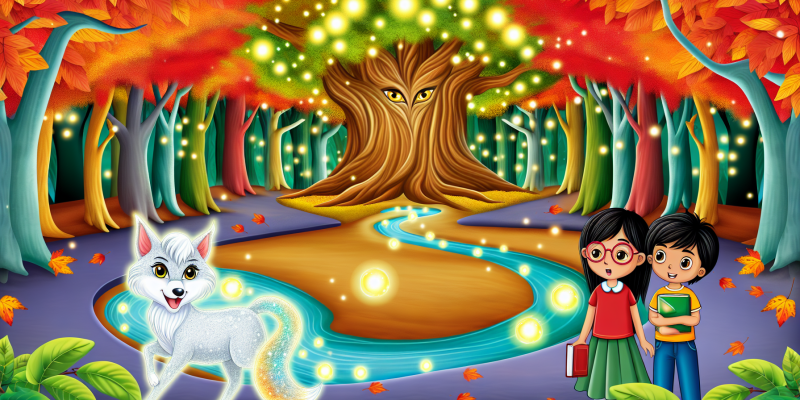 A whimsical forest scene with vibrant autumn leaves in shades of red and gold, featuring a sparkling stream flowing in the shape of an arrow. In the foreground, a young boy with a book and a girl with sparkling eyes stand beside a silver, talking fox. In the background, a magnificent tree with shimmering leaves and glowing orbs hanging from its branches, bathed in golden light. The atmosphere is magical and enchanting, with hints of adventure and wonder.