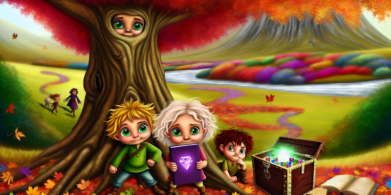 A whimsical illustration of three children—Penelope with bright green eyes and a purple notebook, Jasper with a thoughtful expression, and Elara holding a map—standing under a majestic Great Oak tree in a vibrant autumn landscape, with colorful leaves falling around them. In the background, a shimmering Silver Stream flows gently, and a mysterious wooden box with a glowing crystal heart sits at the base of the tree. The scene is filled with a sense of adventure and magic.