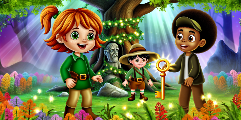 A vibrant forest scene featuring three children—one with red hair, one with a kind smile, and one wearing a large hat—standing in front of a majestic ancient oak tree. They are holding a glittering golden key, with sunlight filtering through the leaves, casting dappled shadows on the ground. In the background, a stone statue of a wise old owl is partially visible, surrounded by lush greenery and colorful wildflowers. The atmosphere is magical and inviting, with a sense of adventure in the