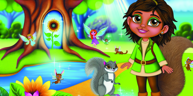 A whimsical forest scene featuring a curious little girl with chestnut hair and twinkling eyes, accompanied by a fluffy gray squirrel. They stand in a sunlit clearing with a sparkling pond and a majestic tree with a bark door shaped like a sunflower. Fairies flutter around, and talking animals play nearby, all surrounded by vibrant, colorful foliage and magical glowing elements.