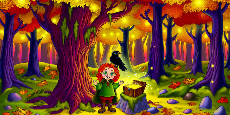 A whimsical forest scene featuring a cheerful little girl with bright red hair and twinkling green eyes, accompanied by a clever black crow perched on her shoulder. The trees are tall and lush, with colorful autumn leaves in shades of yellow, orange, and crimson. In the center, a magnificent oak tree stands with a small, moss-covered wooden box at its base, glowing softly in the golden light of sunset. The atmosphere is magical, with hints of sparkling light and a sense of adventure in the air