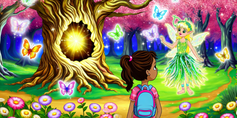 A whimsical forest scene featuring a vibrant clearing filled with glowing flowers and shimmering butterflies. In the center, an ancient oak tree with a large, knotty hollow emits a soft, golden light. A tiny fairy with sparkling wings stands beside the tree, holding a magical flute made from a golden leaf. Cherry blossom trees line the background, and a curious third-grader girl with a backpack observes the enchanting sight, her eyes wide with wonder. Sunlight filters through the leaves, creating a magical atmosphere.