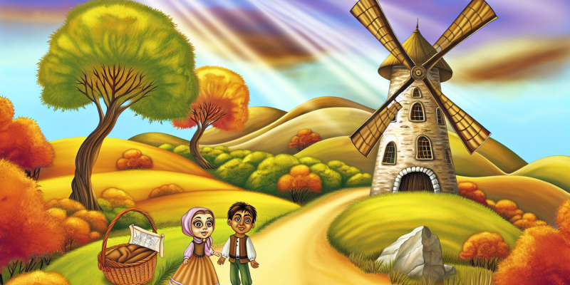 A whimsical illustration of a tall, creaky windmill with large, dancing blades, surrounded by rolling hills and colorful autumn trees. In the foreground, two adventurous children, a girl with chestnut-colored eyes and flowing hair, and a boy with sparkling eyes, are exploring the windmill's entrance, holding a picnic basket and a hand-drawn map. The scene conveys a sense of wonder and mystery, with soft, golden sunlight filtering through the leaves and a gentle breeze rustling the grass.