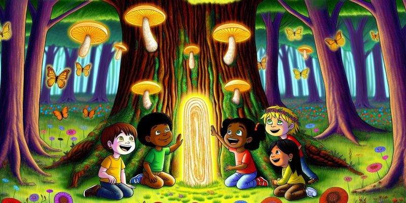 A whimsical illustration of four children—Oliver, Sophia, Ethan, and Mia—standing in a magical clearing surrounded by tall, ancient trees with glowing mushrooms. Each child is touching a stone with their name etched on it, bathed in warm, golden light. The atmosphere is enchanting, with butterflies fluttering and wildflowers blooming around them, capturing the essence of adventure and friendship in a vibrant, colorful style.