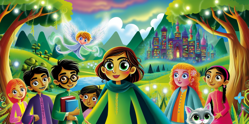 A whimsical illustration of a young girl with bright eyes and flowing hair, standing at the edge of a lush, enchanted forest. She is surrounded by her friends: a curious red-haired boy, a bright-eyed girl with a book, and a silvery cat with wings. In the background, a magical library with towering bookshelves and twinkling lights, and the distant silhouette of Emerald Hills under a vibrant sky filled with fluffy clouds. The scene conveys a sense of adventure, friendship, and wonder.