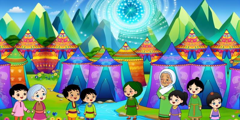 A vibrant festival scene in Lumina Valley, featuring colorful tents with whimsical designs, children exploring, and a wise old woman with twinkling eyes surrounded by shimmering crystals. In the background, lush emerald mountains and sparkling sapphire rivers, with a swirling magical portal opening in the air, casting beams of light. The atmosphere is filled with joy and wonder, as flowers bloom and animals sing in harmony.