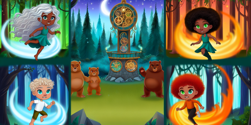 A whimsical illustration of four children in a vibrant, enchanted forest: Luna with silver hair glowing in moonlight, Zephyr with wild curly hair running swiftly, Jasper with emerald eyes talking to a friendly bear, and Ember with fiery red hair creating dancing flames. In the background, a majestic Clocktower with intricate gears stands tall, surrounded by lush trees and sparkling light. The scene is filled with a sense of adventure and magic.