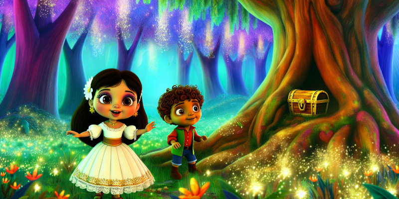 A whimsical illustration of a vibrant, enchanted forest with tall, shimmering trees and glowing flowers, featuring a curious little girl with dark hair and twinkling eyes, and a boy with curly auburn hair, standing together excitedly by an ancient, majestic tree with a treasure chest at its roots. The scene is filled with soft, magical light, and the air is alive with sparkling dust and gentle whispers from the trees.