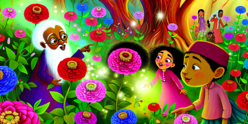 A vibrant, magical garden filled with colorful flowers representing different names, with a bright pink zinnia flower at the center. Three children—Zinnia, a curious girl with bright eyes; Jasper, a clever boy with a thoughtful expression; and Luna, a gentle girl with a connection to animals—explore the garden, surrounded by whimsical plants and a wise old gardener with a long white beard. The scene is bathed in warm, golden sunlight, with tall trees in the background whispering